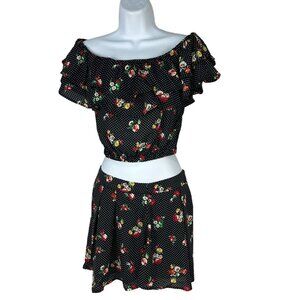 Pink Owl Womens Floral & Polka Dot 2-Piece Off-Shoulder Top & Skort Set M